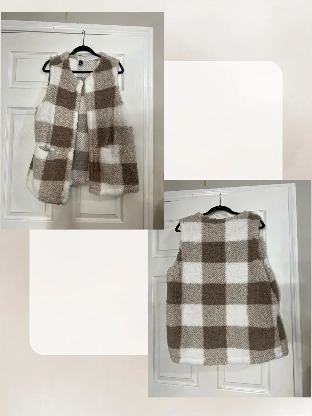 Cozy Plaid Teddy Vest in Beige & White
